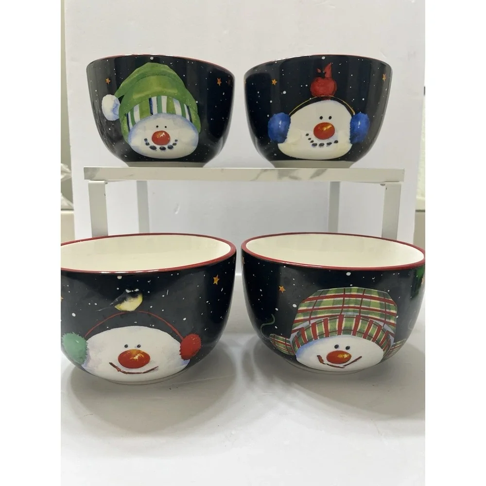 Christmas Snowman Bowls Ceramic Set Of 4 Black Background Multicolor 3.75x5.5